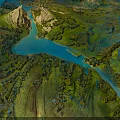 Scenic Natural Landscape With Winding River Lush Vegetation And Rocky Mountains