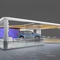 Modern Volvo Exhibition Booth Featuring Blue SUV Car Purple Backdrop And Displays