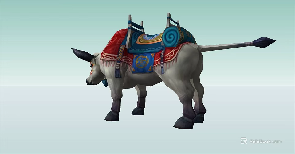 Mythical Ox Game Character With Colorful Saddle Red Blue Decorations And Scroll Patterns 3d model 