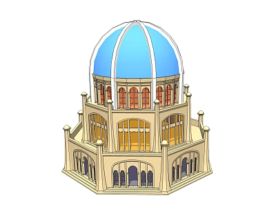 European Architecture with Blue Dome and Multi layered Structure Featuring Arched Windows 3d model
