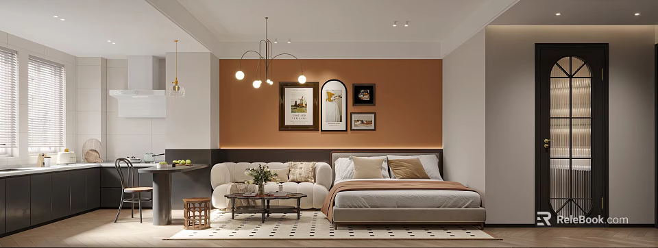 Modern Apartment Bedroom With Cozy Bed Sofa And Wall Art 3d model 