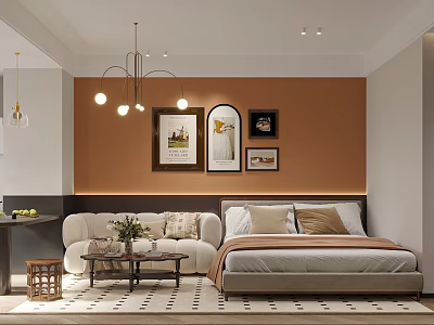 Modern Apartment Bedroom With Cozy Bed Sofa And Wall Art 3d model