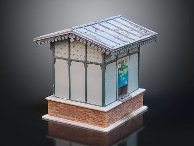 Miniature Model Kiosk With Metal Roof White Walls Red Brick Base And Blue Sign 3d model