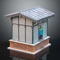 Miniature Model Kiosk With Metal Roof White Walls Red Brick Base And Blue Sign