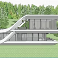 Modern Hotel Building Featuring Large Glass Walls Flat Roof Swimming Pool And Green Trees