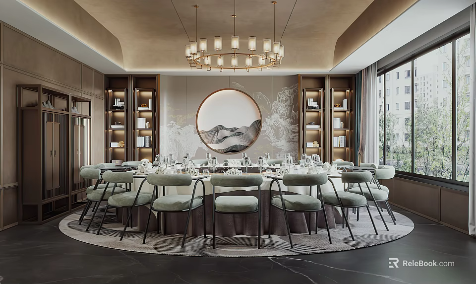 Private Dining Room Interior With Round Table Light Green Chairs Circular Painting And Pendant Chandeliers 3d model 