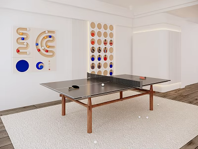 Indoor Sports Equipment Ping Pong Table With Wooden Legs And Wall Decor 3d model