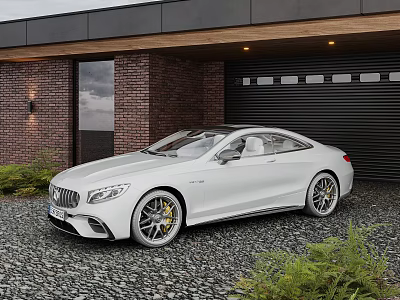 White Luxury Sports Car Parked In Front Of House With Garage And Red Brick Wall 3d model