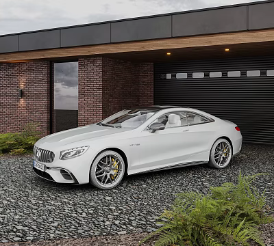 White Luxury Sports Car Parked In Front Of House With Garage And Red Brick Wall 3d model