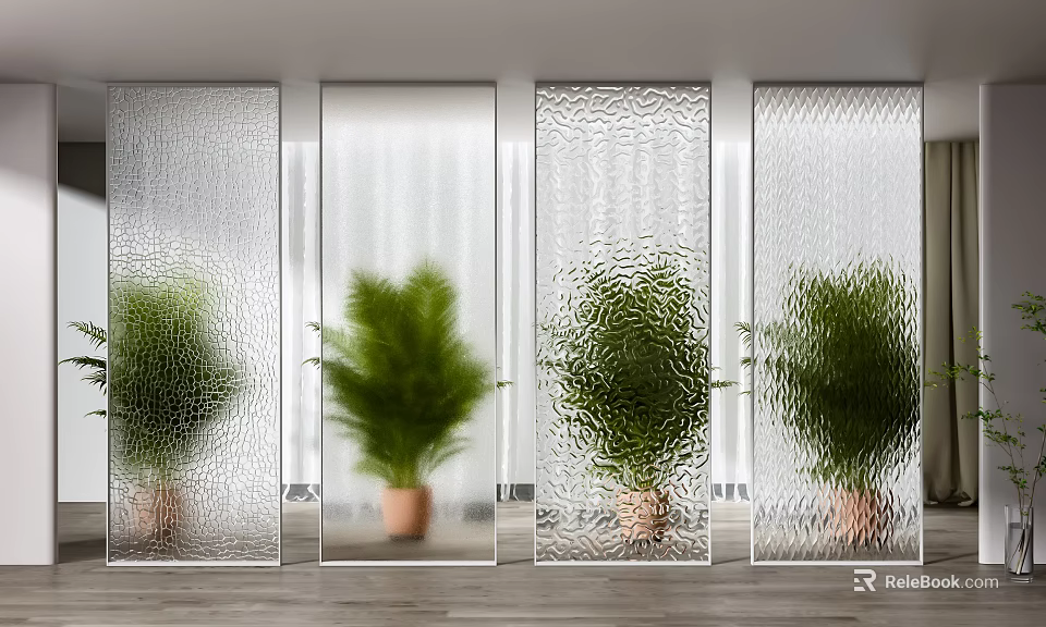Modern Textured Glass Partitions with Different Patterns and Green Plants in Contemporary Interior 3d model 