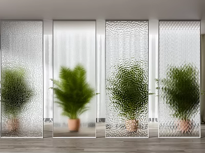 Modern Textured Glass Partitions with Different Patterns and Green Plants in Contemporary Interior 3d model