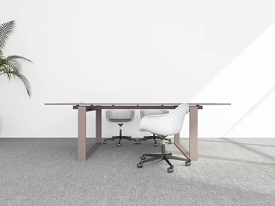 Modern Conference Table With White Office Chairs Metal Frame And Green Plant In Minimalist Room 3d model