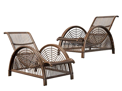 Two Brown Wicker Lounge Chairs With Curved Frame For Outdoor Garden Use 3d model