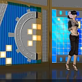 Anime Character In Stylish Outfit Standing By Blue White Geometric Display With Dashboard Design