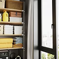 Home Balcony With Washing Machine Storage Shelves Boxes Cleaning Detergents Folded Towels And Green Plants