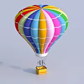 Colorful Hot Air Balloon With Multicolored Stripes And Yellow Basket For Amusement Activities