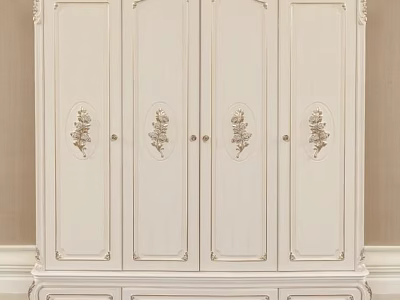Elegant White Classical Four Door Wardrobe With Ornate Carved Details And Stylish Design 3d model