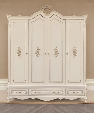 Elegant White Classical Four Door Wardrobe With Ornate Carved Details And Stylish Design 3d model