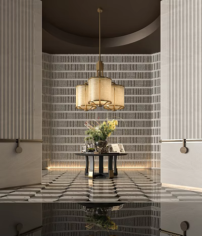 Console Table Interior Design With Hanging Lamp Floral Arrangement Textured Wall And Checkered Floor 3d model
