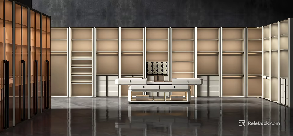 Modern Open Wardrobe System With Multiple Units Shelves Drawers And Central Table 3d model 