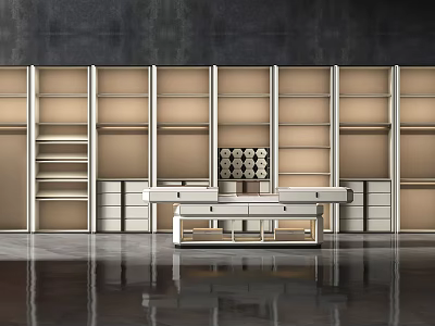 Modern Open Wardrobe System With Multiple Units Shelves Drawers And Central Table 3d model