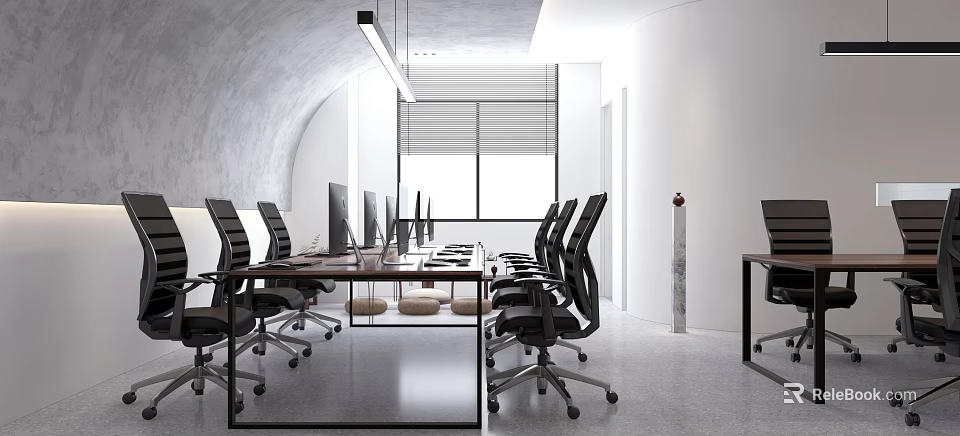 Modern Public Office Space Interior With Long Work Table Computer Monitors And Black Office Chairs 3d model