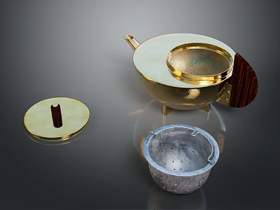 Modern Gold Teapot With Removable Wooden Lid And Silver Strainer For Home Use 3d model