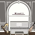 Elegant White Carved Wall Interior With Minotti Archway Piano Harp Violin And Mandolin