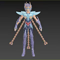 Game and Movie Character With Blue Purple Armor Wing Like Shoulders And Chain Accessories