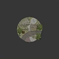 Charming Cartoon Scene With Cottage Chimney Fence Stream Wooden Bridge Trees And Flowers