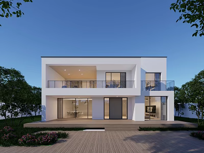 Modern Detached Villa With White Exterior Large Windows Balcony And Garden 3d model