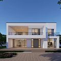 Modern Detached Villa With White Exterior Large Windows Balcony And Garden