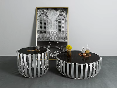 Elegant Round Coffee Tables Featuring Silver Striped Metal Bases Black Glass Tops And Decorative Painting 3d model