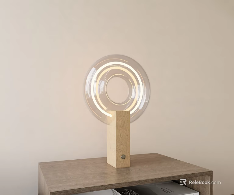 Modern Minimalist Table Lamp With Transparent Circular Shade And Wooden Base On Wooden Table 3d model 