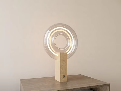 Modern Minimalist Table Lamp With Transparent Circular Shade And Wooden Base On Wooden Table 3d model