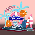 Summer Dopamine Scene with Pink Striped Umbrella Palm Trees Lifebuoy Orange Slices Lounge Chair Surfboards