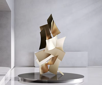 Modern Geometric Sculpture With Metal Gold Black Shapes On Round Indoor Platform 3d model