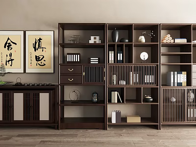 Chinese Traditional Wooden Display Shelves With Decor Items And Calligraphy Paintings 3d model