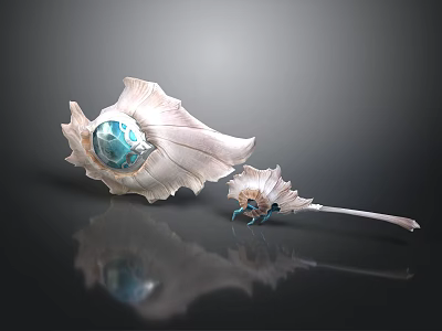 Two Ornate Shell Shaped Weapons With Blue Gemstone And White Blue Decorative Details 3d model