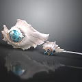 Two Ornate Shell Shaped Weapons With Blue Gemstone And White Blue Decorative Details