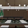 Fast Food Restaurant Interior With Wooden Ceiling Pendant Lights Food Posters Green Chairs White Tables