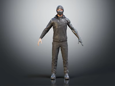 3D Character Model In Dark Hooded Outfit With Mask And Realistic Standing Pose 3d model
