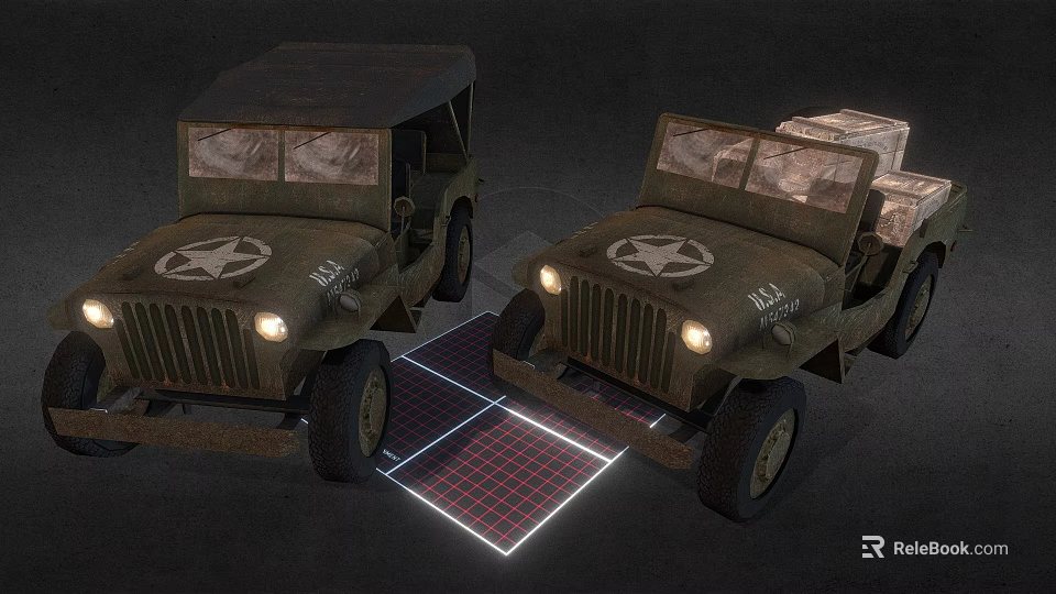 Vintage Military Jeeps With Star Emblems And Cargo Boxes On 3d model 