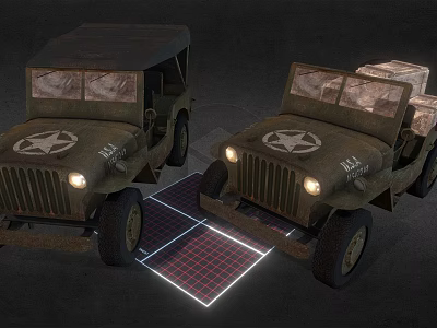 Vintage Military Jeeps With Star Emblems And Cargo Boxes On 3d model