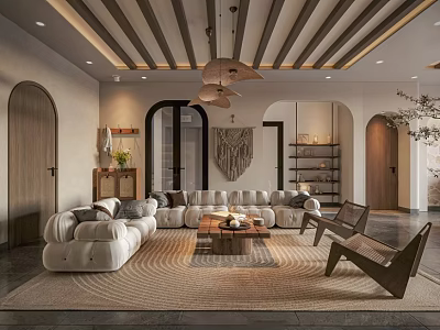 Cozy Modern Living Room With Wooden Beamed Ceiling Pendant Lights And White Sofa 3d model