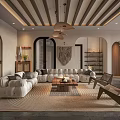Cozy Modern Living Room With Wooden Beamed Ceiling Pendant Lights And White Sofa