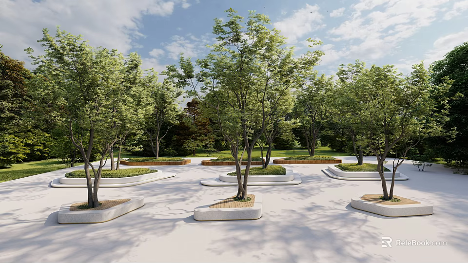 Tree Planters in Urban Park with Green Trees and Open Landscape Design 3d model 