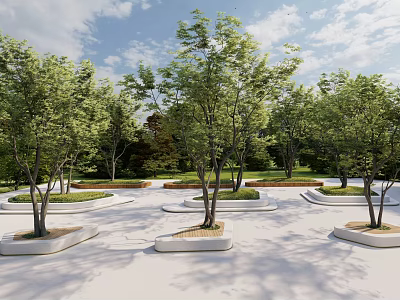 Tree Planters in Urban Park with Green Trees and Open Landscape Design 3d model