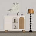 Modern Entryway Console Side Cabinet With White Finish Glass Doors Wooden Legs And Floor Lamp