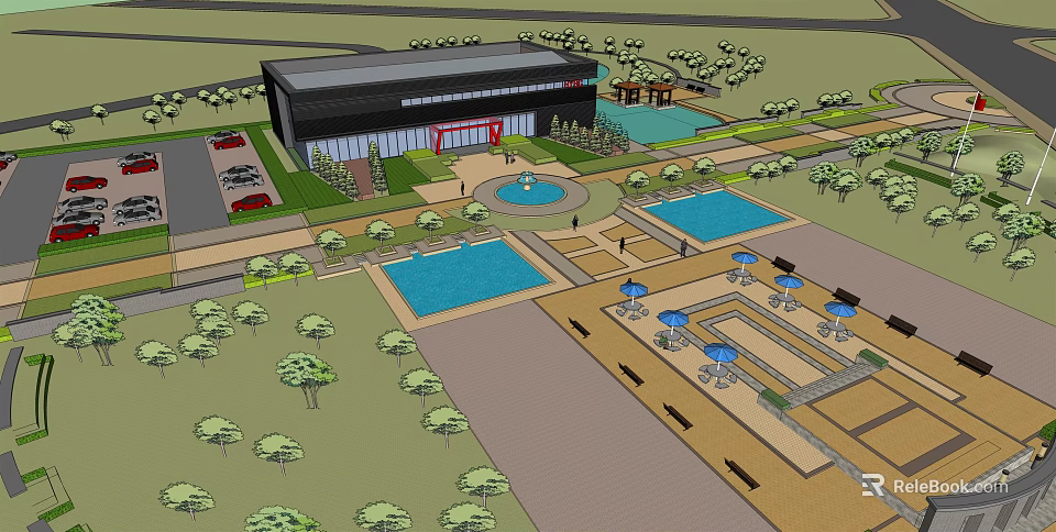 Modern Building Exterior Featuring Fountain Pool Seating Trees And Parking Lot 3d model 